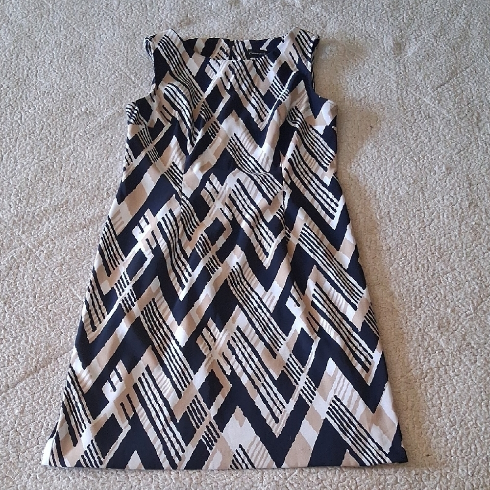 Connected Apparel Navy and Cream Geometric Midi Dress